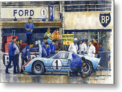 Shevchukart Metal Print featuring the painting 1966 Le Mans 24 Pit Stop Ford GT40 MkII Ken Miles Denny Hulme by Yuriy Shevchuk