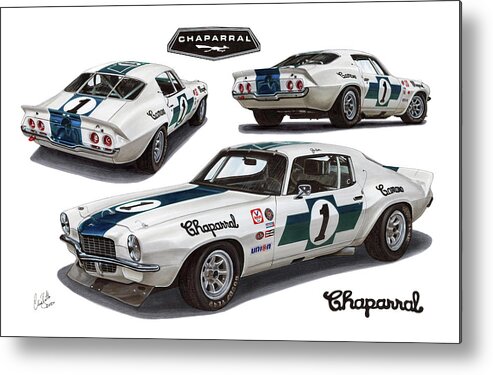 1970 Metal Print featuring the drawing 1970 Chaparral Racing Camaro by The Cartist - Clive Botha