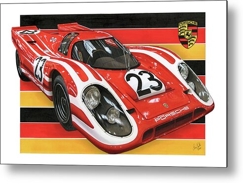 1970 Metal Print featuring the drawing 1970 Porsche 917K Salzburg by The Cartist - Clive Botha