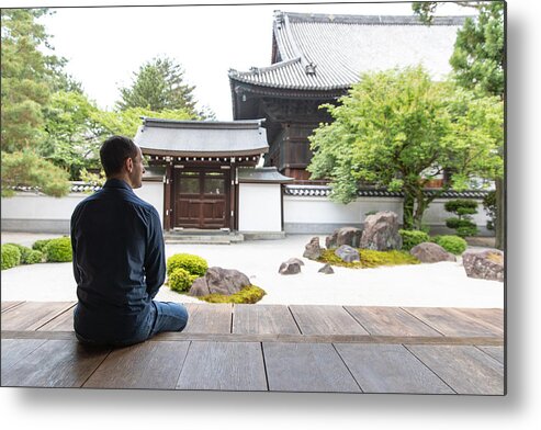Silence Metal Print featuring the photograph Caucasian man looking at temple garden #2 by Kumikomini