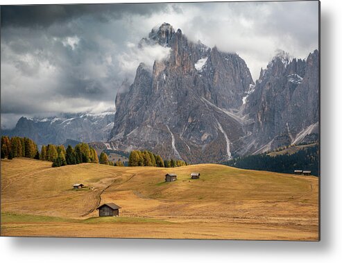 Alpe Di Siusi Metal Print featuring the photograph Landscape with beautiful autumn meadow field and the amazing Dolomite rocky peaks. Valley of Alpe di siusi Seiser Alm South Tyrol Italy. by Michalakis Ppalis