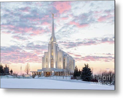 Fence Metal Print featuring the photograph Winter Sunset - Rexburg Idaho Temple #2 by Bret Barton