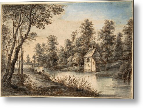 Lucas Van Uden Metal Print featuring the drawing Wooded Landscape with a House beside a River by Lucas van Uden