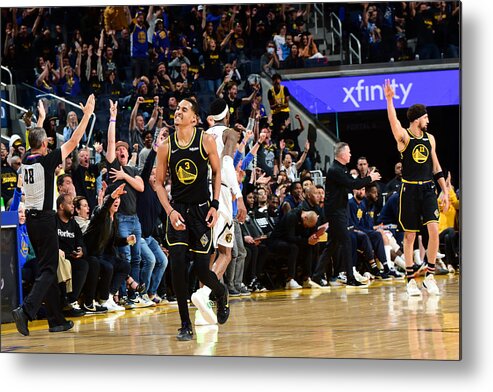 Jordan Poole Metal Print featuring the photograph 2022 NBA Playoffs - Denver Nuggets v Golden State Warriors by Noah Graham