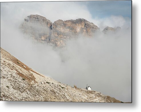 Tre Cime Metal Print featuring the photograph Mountain landscape with fog in autumn. Tre Cime dolomiti Italy. by Michalakis Ppalis