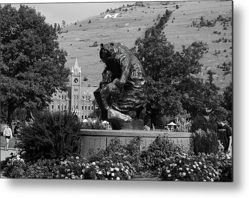 Grizzlies Metal Print featuring the photograph The Grizzly statue at the University of Montana - Grand Griz in black and white #3 by Eldon McGraw