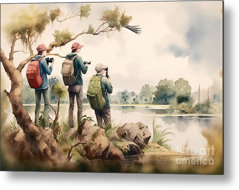 Birding Metal Print featuring the painting A bird watching trip in a nature reserve, watercolor style, by N Akkash