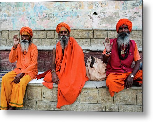 Varanasi Metal Print featuring the photograph A Day In The Life of Varanasi - Sadhus on the Ghats of the Ganges River by Earth And Spirit