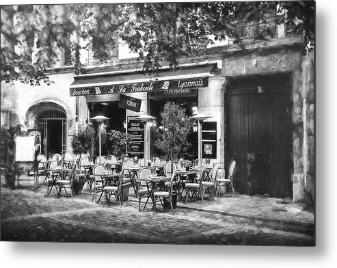 Lyon Metal Print featuring the photograph A French Restaurant Vieux Lyon France Black and White by Carol Japp