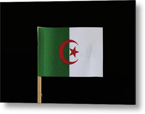 Algeria Metal Print featuring the photograph A original and official flag of Algeria on toothpick on black background. Consists of two equal vertical bars, green and white with a red star and crescent by Vaclav Sonnek
