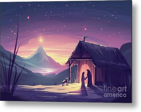  Metal Print featuring the drawing A traditional nativity scene with a man and woman, resembling Mary and Joseph, standing in front of by Joaquin Corbalan