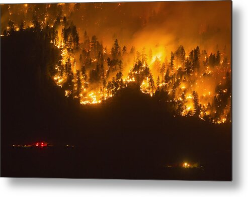Social Issues Metal Print featuring the photograph A wildfire frontline with emergency services nearby, Okanagan Valley, British Columbia, Canada by Nick Fitzhardinge