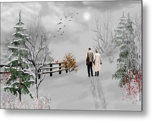 A Winter Walk Metal Print featuring the mixed media A Winter Walk With Your Love Color by David Dehner