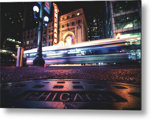 Chicago Metal Print featuring the photograph A ZOOMING bus by the Chicago Theater #1 by Jay Smith