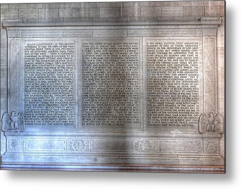Abraham Lincoln Metal Print featuring the photograph Abraham Lincoln - Second Inaugural Address in the Lincoln Memorial Washington D.C. by Marianna Mills