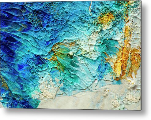 Paint Metal Print featuring the painting Abstract oil paint background. Golden and aquamarine color on wh by Jelena Jovanovic