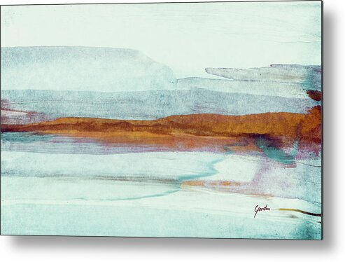 Abstract Metal Print featuring the painting Abstract Pastel Ink Landscape in Blue Teal and Brown - Morning Lake by Modern Abstract