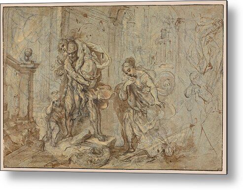 Federico Barocci Metal Print featuring the drawing Aeneas Saving Anchises at the Fall of Troy by Federico Barocci