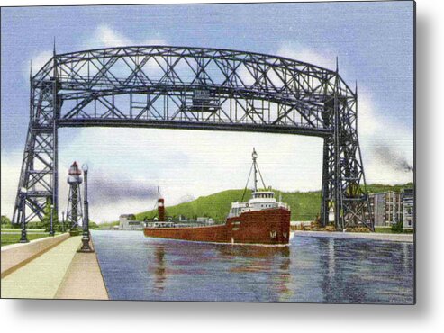 Duluth Metal Print featuring the photograph Aerial Lift Bridge with Freighter by Zenith City Press