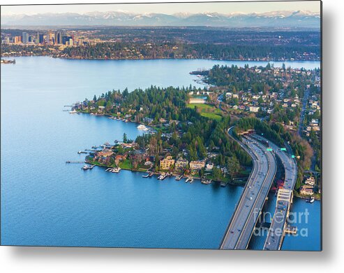 Lake Washington Metal Print featuring the photograph Aerial Mercer Island to Bellevue over Lake Washington by Mike Reid