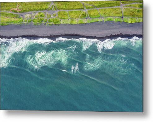 Beach Metal Print featuring the photograph Aerial top view of beach with black sand by Mikhail Kokhanchikov