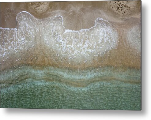 Golden Sand Metal Print featuring the photograph Aerial view drone of empty tropical sandy beach with golden sand. Seascape background by Michalakis Ppalis