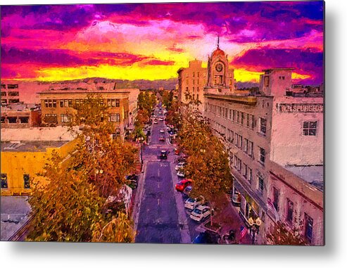 W 4th Street Metal Print featuring the digital art Aerial view of W 4th Street in downtown Santa Ana - digital painting by Nicko Prints