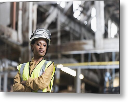 Working Metal Print featuring the photograph African American woman wearing hardhat and safety vest by Kali9