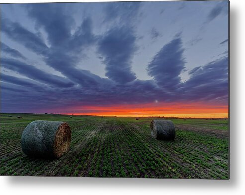Bales Metal Print featuring the photograph Alfalfa Bales at ND sunset by Peter Herman