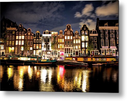 Europe Metal Print featuring the photograph Along A Canal at Night in Amsterdam by Cheryl Strahl