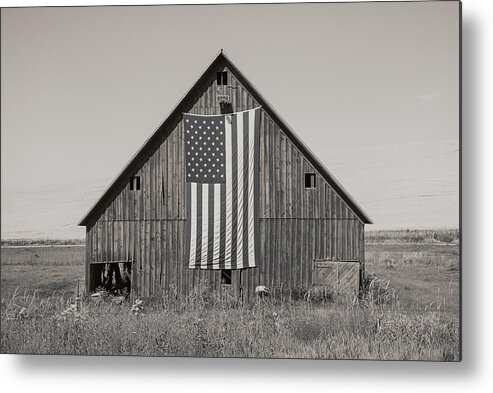 Farm Metal Print featuring the photograph American Flag and Barn Sepia by Connie Carr