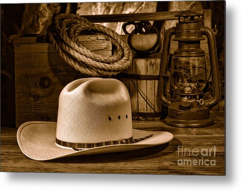 Cowboy Metal Print featuring the photograph American West Rodeo Cowboy Hat - Sepia by Olivier Le Queinec