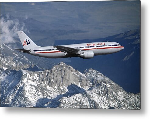 American Airlines Metal Print featuring the mixed media American Airlines Airbus A300 over Snowcapped Mountains by Erik Simonsen
