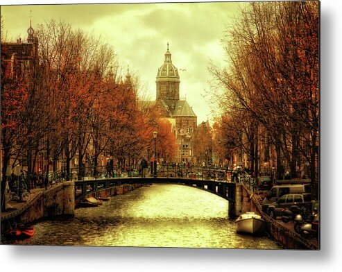 #nederland #netherlands #holland #galagan #edgalagan #dutch #top #topphotography #artphotography #art #top10 #top100 #hdr #retro #nostalgie #amsterdam #church #canal #evening #town #city #autumn #fall #canon Metal Print featuring the photograph Amsterdam in Autumn Mood by Edward Galagan