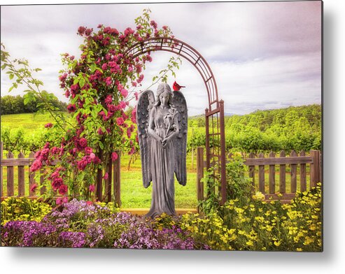 Bird Metal Print featuring the photograph Angel and Cardinal in the Garden by Debra and Dave Vanderlaan