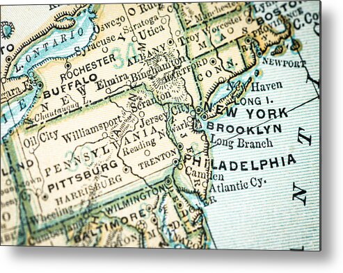 International Border Metal Print featuring the drawing Antique USA map close-up detail: New York, Brooklyn, Philadelphia by Ilbusca