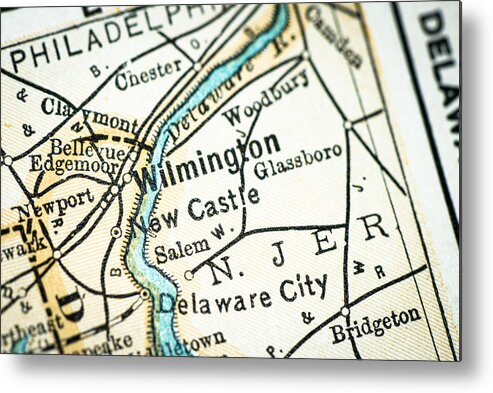 Topography Metal Print featuring the drawing Antique USA map close-up detail: Wilmington, Delaware by Ilbusca