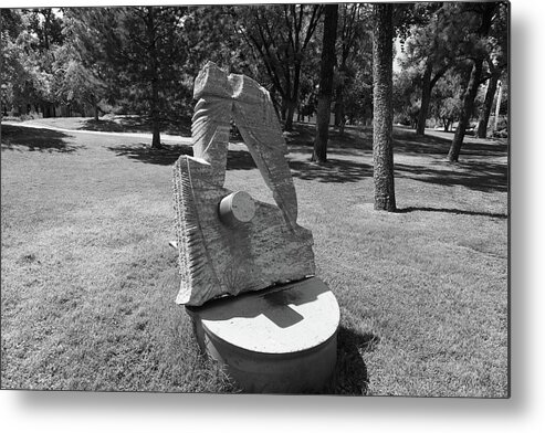 Albuquerque Metal Print featuring the photograph Art statue on the campus of the University of New Mexico in black and white by Eldon McGraw