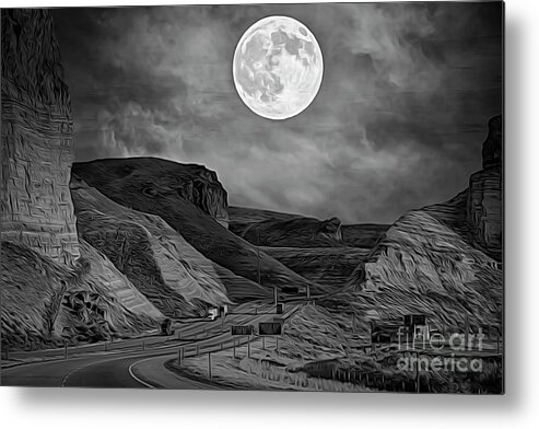 Black White Metal Print featuring the photograph Artistic Moon Over Hwy 80 Wyoming BW by Chuck Kuhn
