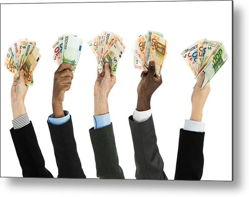 Corporate Business Metal Print featuring the photograph Assortfed hands with euro currency by Aluxum