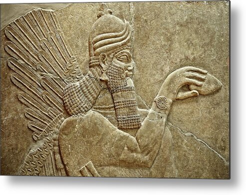 Gene Sculpture Metal Print featuring the photograph Assyrian sculpture of a Genie standing - 881-859 B.C Nimrut - Istanbul Archaeological Museum by Paul E Williams