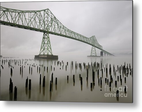 Oregon Metal Print featuring the photograph Astoria-Megler Bridge across Columbia River on Foggy Morning by Tom Schwabel