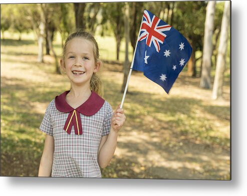 Three Quarter Length Metal Print featuring the photograph Australian Flag Waving by Primary School Girl Student for Australia Day by Davidf