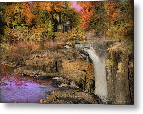Cabin Metal Print featuring the photograph Autumn - Cabin by a waterfall by Mike Savad