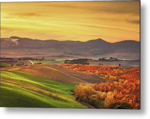 Autumn Metal Print featuring the photograph Autumn in Tuscany, rolling hills and woods. Santa Luce by Stefano Orazzini