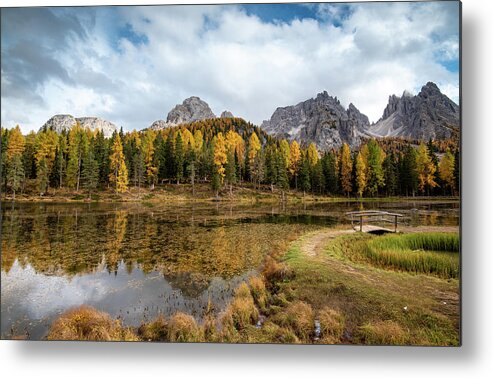 Autumn Metal Print featuring the photograph Autumn landscape with mountains and trees by Michalakis Ppalis