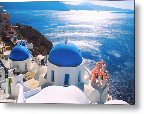 Greece Metal Print featuring the photograph Blue Domes / Santorini by Claude Taylor