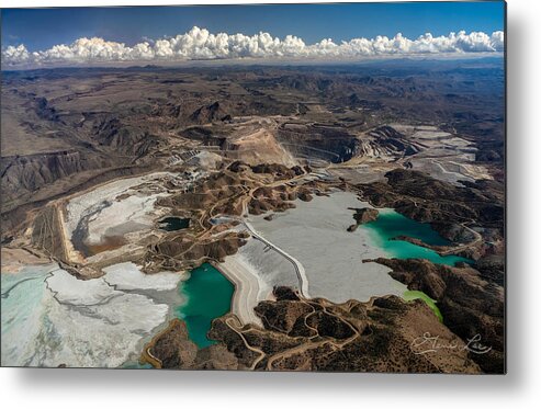 Fstop101 Landscape Green Blue Open Pit Copper Mine Bagdad Arizona Mountains Clouds Acid Aerial Metal Print featuring the photograph Bagdad Open Pit Copper Mine by Gene Lee