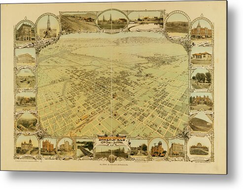 Birds-eye Metal Print featuring the drawing Bakersfield, California 1901 by Vintage Places
