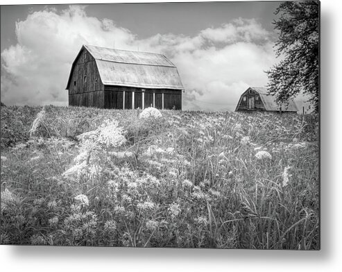 Black Metal Print featuring the photograph Barn at the Top of the Hill Black and White by Debra and Dave Vanderlaan